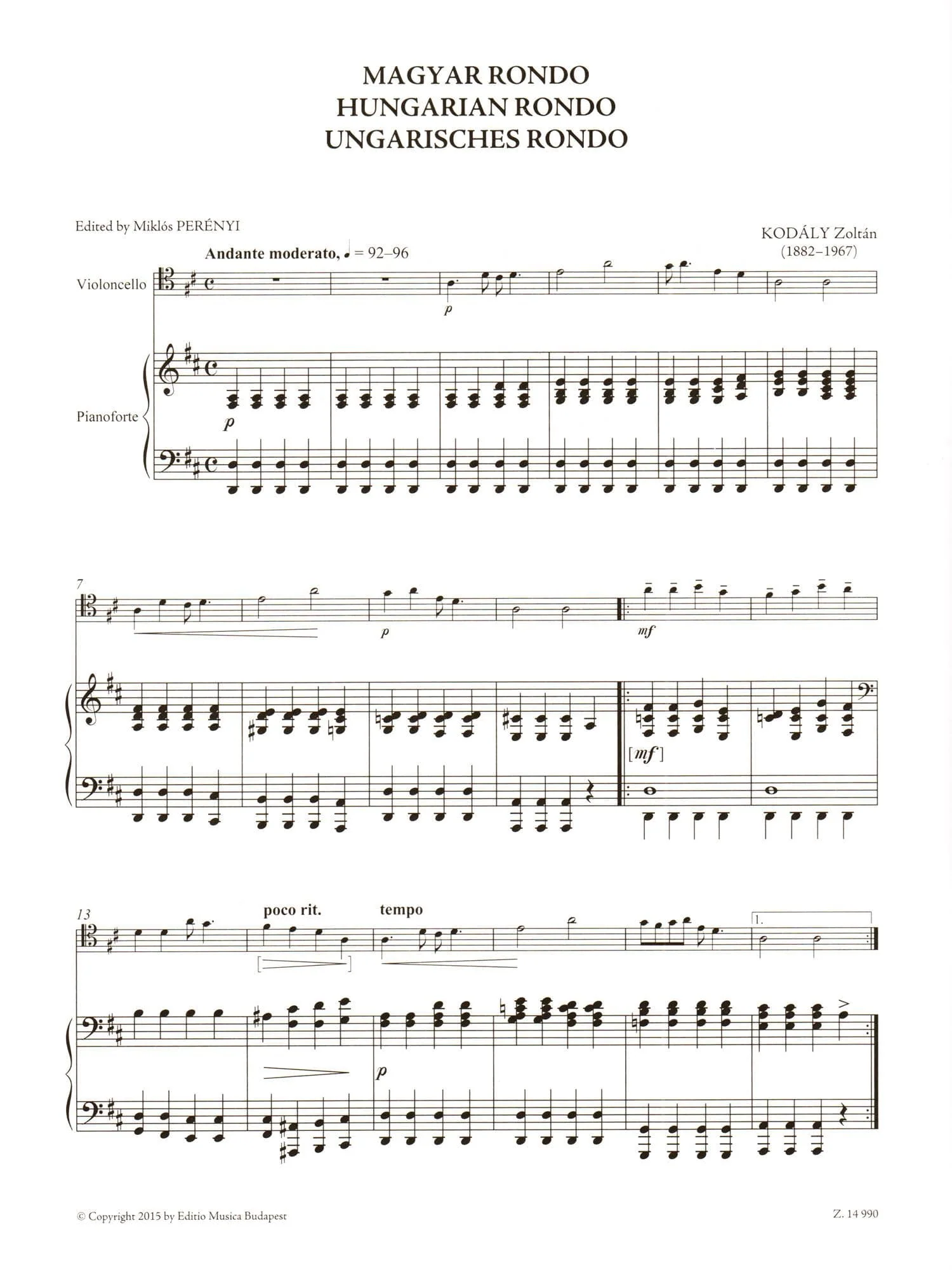 Kodaly, Zoltan - Hungarian (Magyar) Rondo - for Cello and Piano - edited by Elso Kiadas - Editio Musica Budapest - Image 4