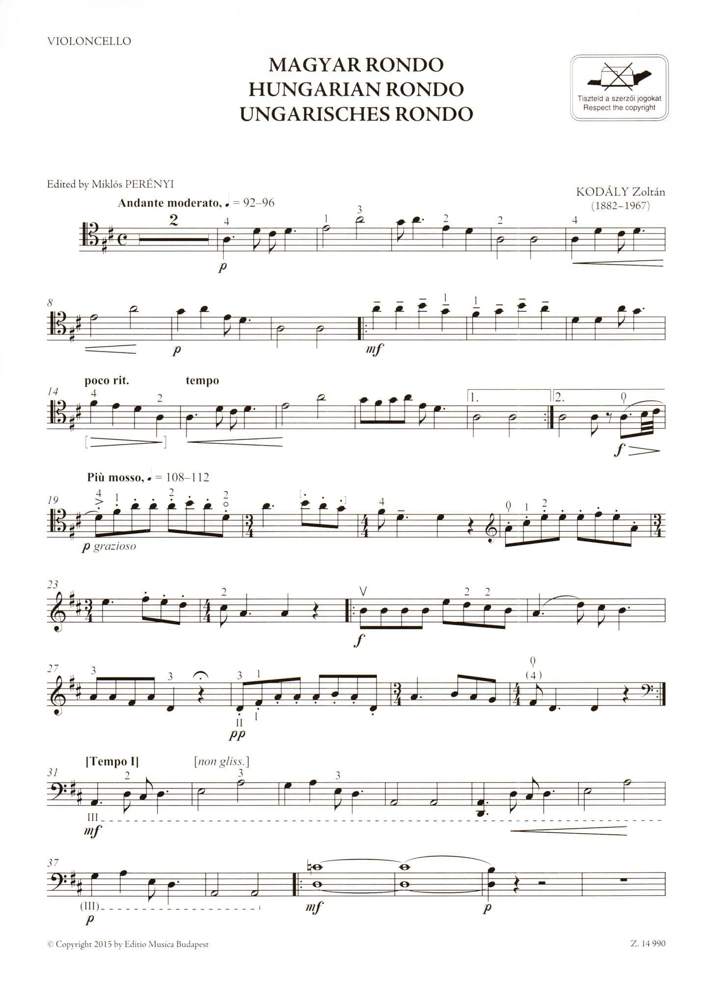 Kodaly, Zoltan - Hungarian (Magyar) Rondo - for Cello and Piano - edited by Elso Kiadas - Editio Musica Budapest - Image 5