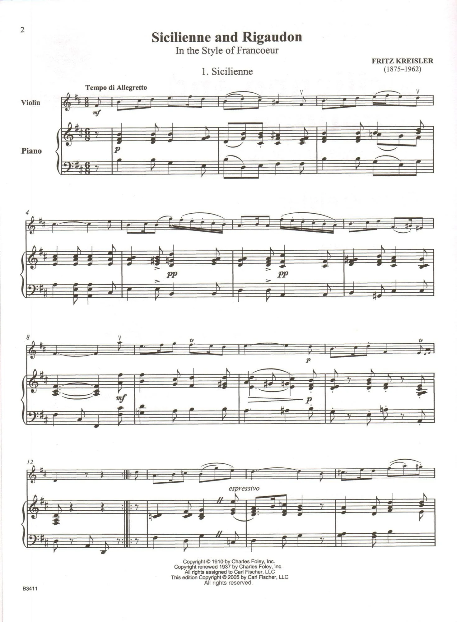 Kreisler, Fritz - Sicilienne and Rigaudon - for Violin and Piano - with Online Audio Access - Carl Fischer Edition - Image 2