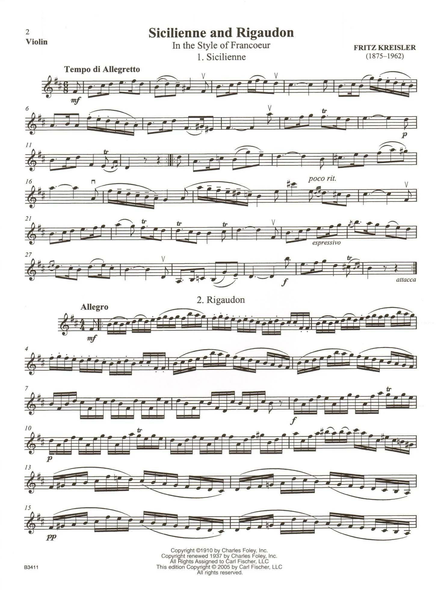Kreisler, Fritz - Sicilienne and Rigaudon - for Violin and Piano - with Online Audio Access - Carl Fischer Edition - Image 3