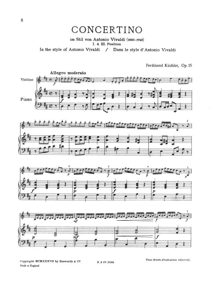 Kuchler, Ferdinand - Concertino in D Major for Violin and Piano, Op 15 - Bosworth - Image 2