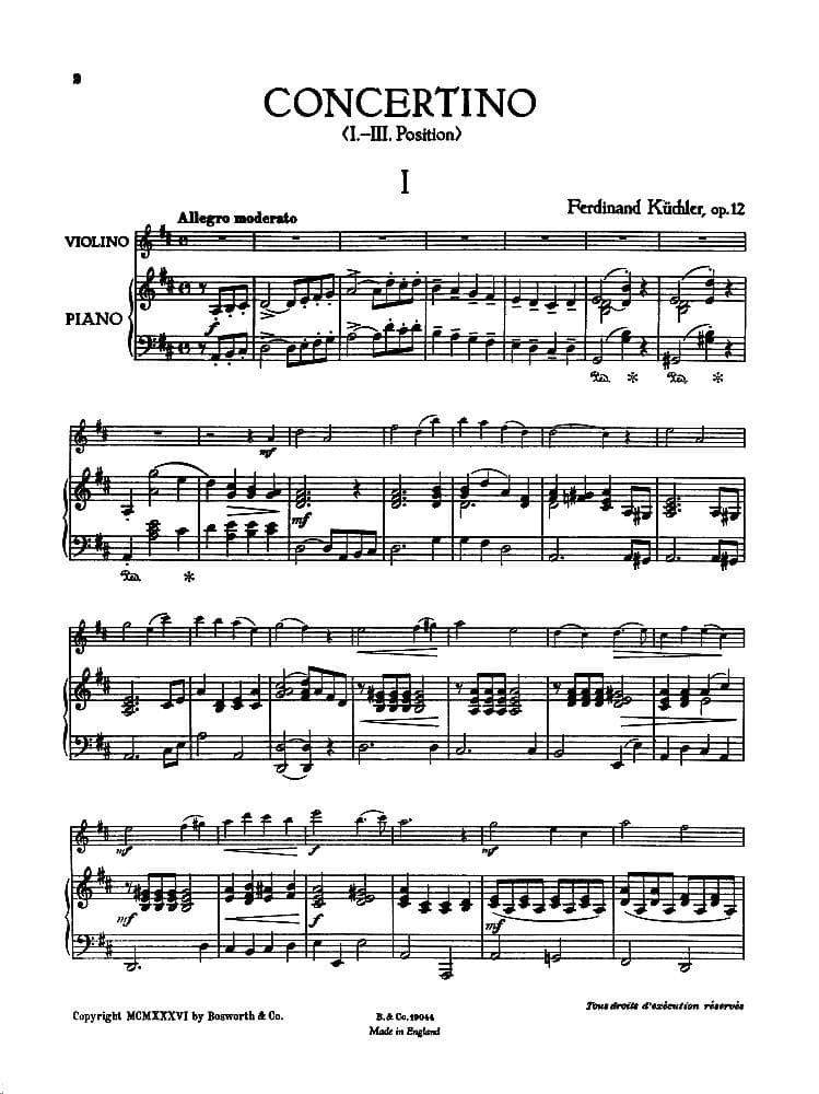 Kuchler, Ferdinand - Concertino in D Major for Violin and Piano, Op 12 - Bosworth - Image 2
