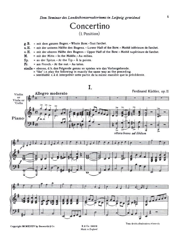 Kuchler, Ferdinand - Concertino in G Major for Violin and Piano, Op 11 - Bosworth - Image 2