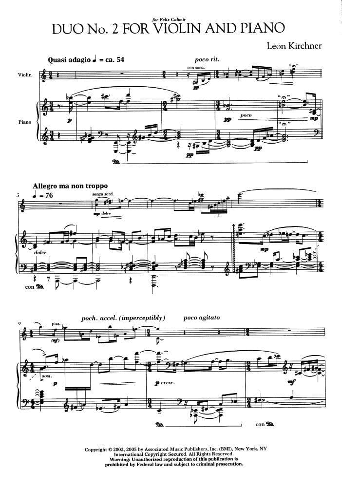 Kirchner, Leon - Duo No 2 for Violin and Piano - Associated Music Publishers - Image 2