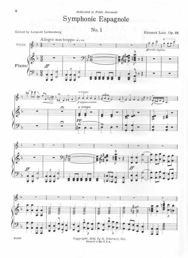 Lalo, Edouard - Symphonie Espagnole, Op 21 - Violin and Piano - edited by Leopold Lichtenberg - G Schirmer Edition - Image 2