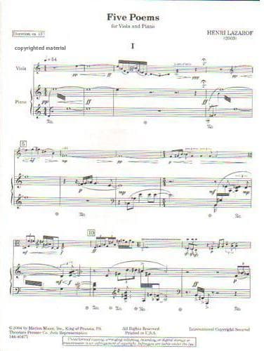Lazarof, Henri - Five Poems - Viola and Piano - Merion Music, Inc - Image 2