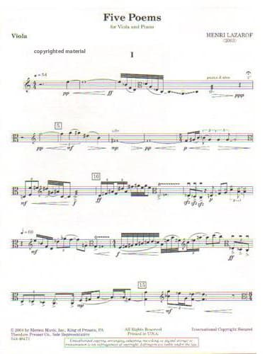 Lazarof, Henri - Five Poems - Viola and Piano - Merion Music, Inc - Image 3