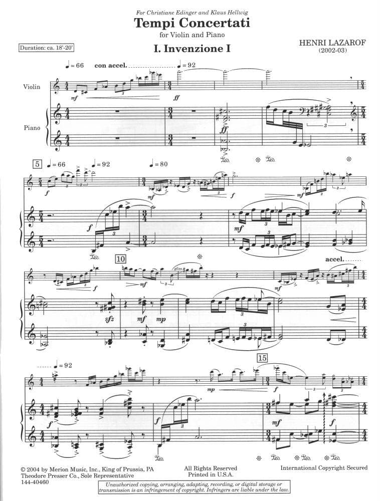 Lazarof, Henri - Tempi Concertati - Violin and Piano - Merion Music, Inc - Image 2