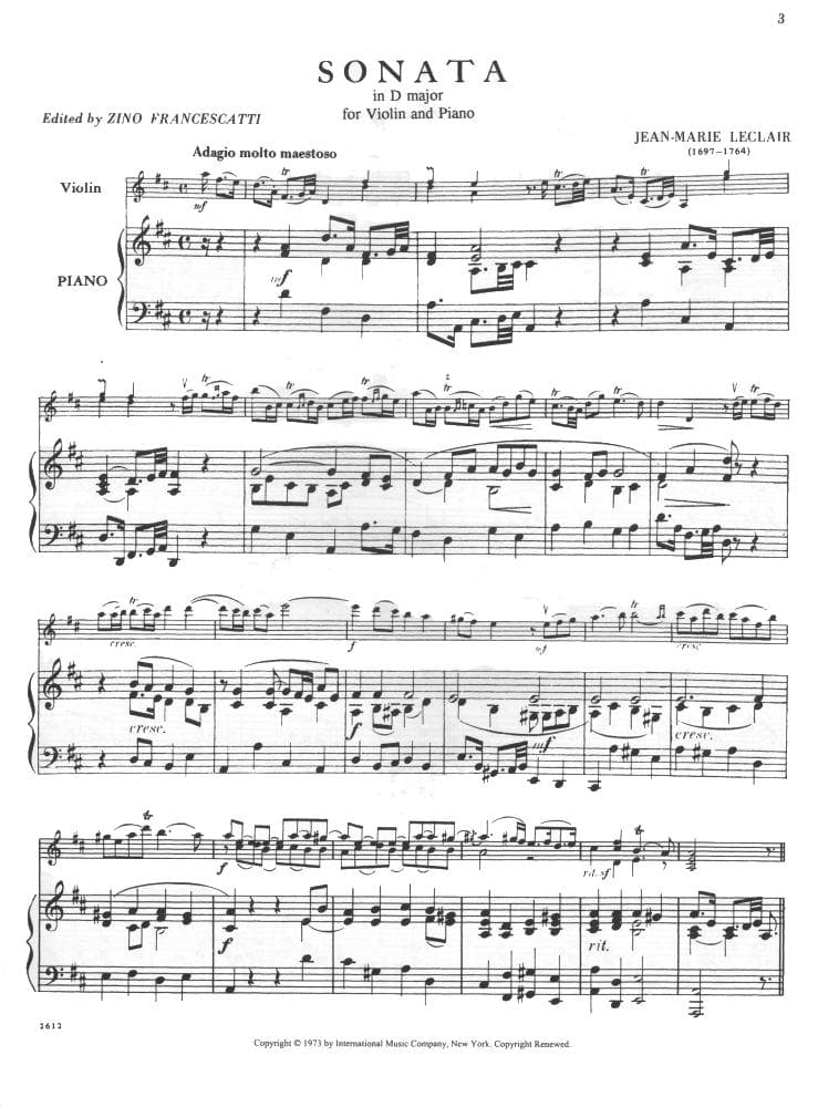 LeClair, Jean-Marie - Sonata in D Major, Op 9, No 3 - Violin and Piano - edited by Zino Francescatti - International Music Co - Image 2