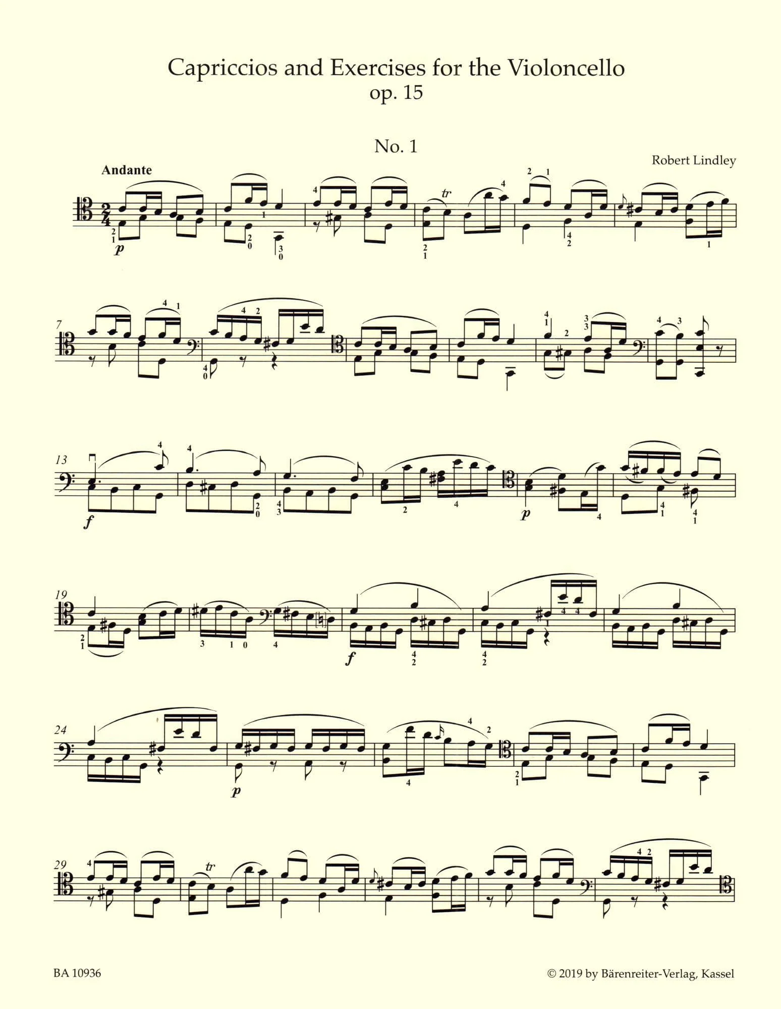 Lindley, Robert - Capriccios and Exercises, Op 15 - for Solo Cello - edited by Valerie Walden - Barenreiter URTEXT - Image 2