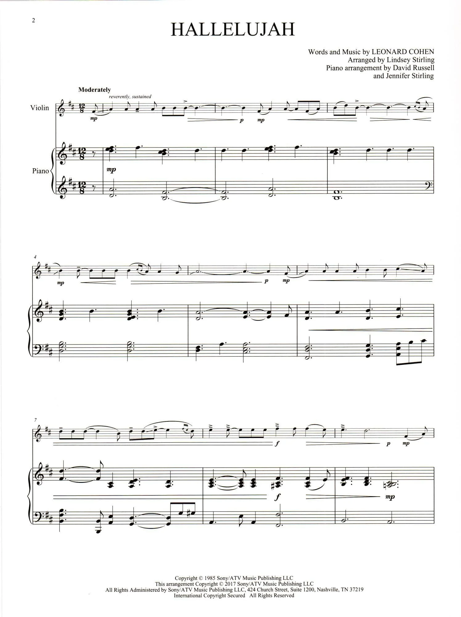 Hallelujah (by Leonard Cohen) - arranged by Lindsey Stirling - for Violin and Piano - Hal Leonard - Image 2