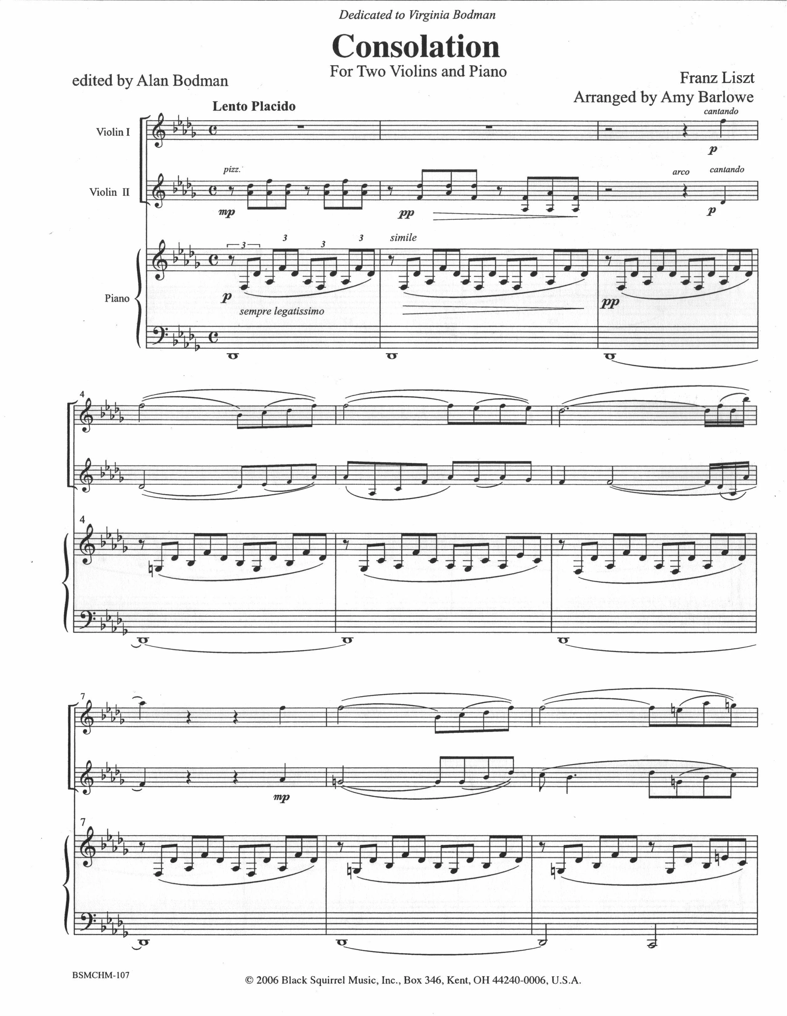 Liszt, Franz - Consolation - Two Violins and Piano - arranged by Amy Barlowe, edited by Alan Bodman - Black Squirrel Music - Image 2
