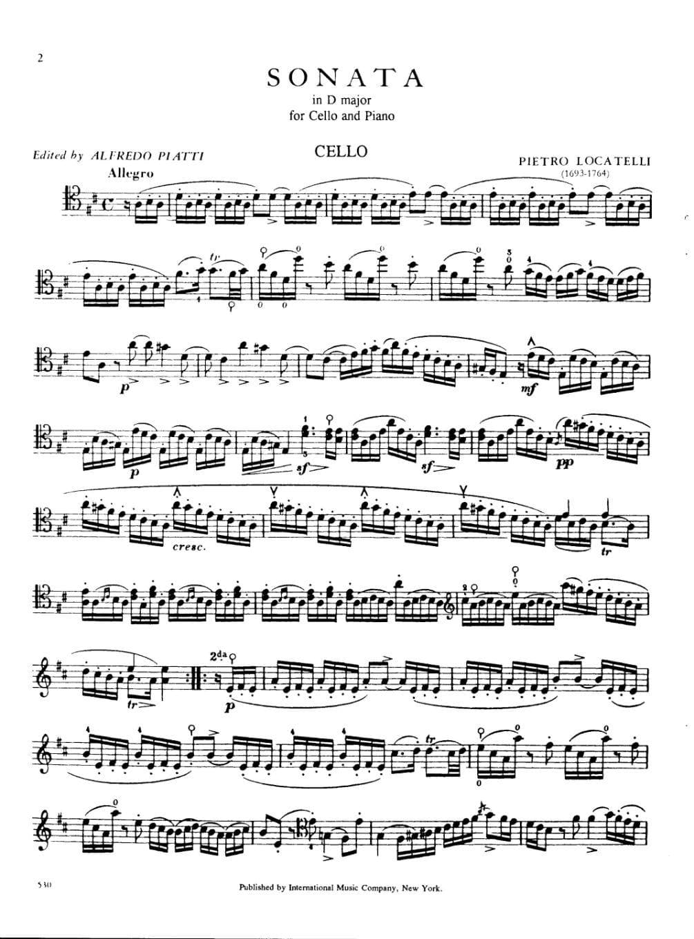 Locatelli, Pietro - Sonata in D Major, Op 6, No 6 - Cello and Piano - edited by Alfredo Piatti - International Music Co - Image 2