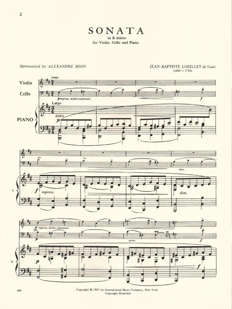 Loeillet, Jean-Baptiste (de Gant) - Sonata in b minor - Violin, Cello, and Piano - edited by Alexandre Beon - International Music Co - Image 2