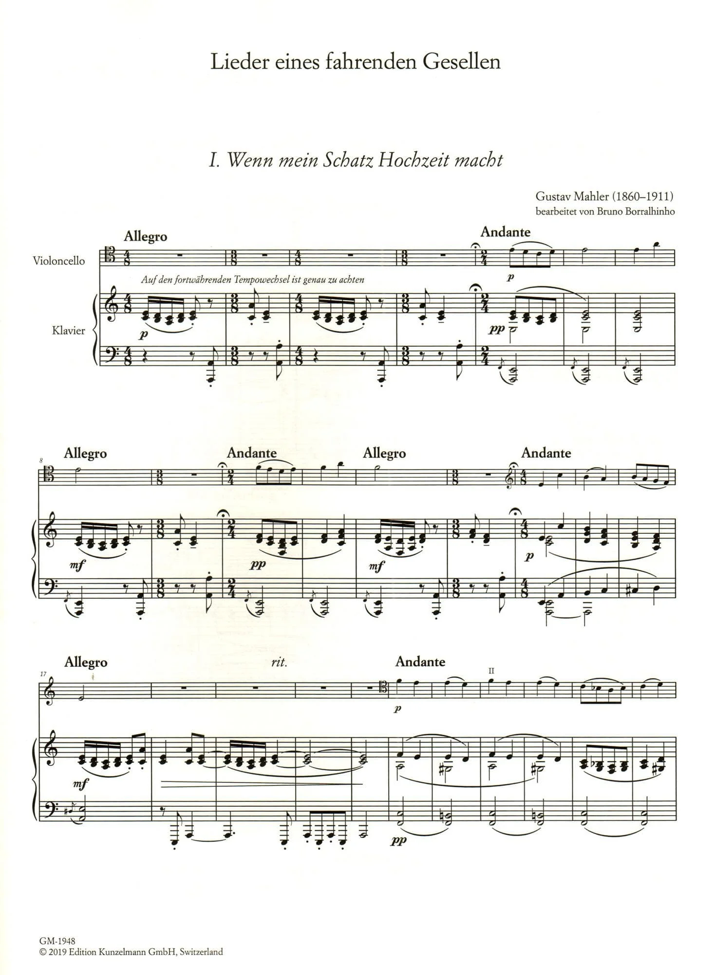Mahler, G. - Lieder eines fahrenden Gesellen ("Songs of Wayfarer") - for Cello and Piano - arranged by Bruno Borralhinho - Edition Kunzelmann - Image 3