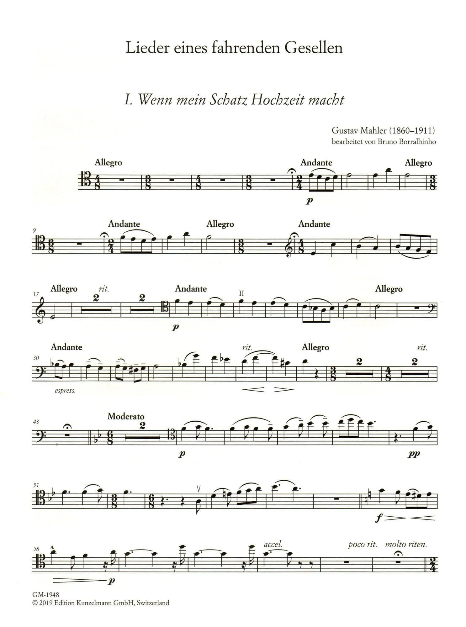 Mahler, G. - Lieder eines fahrenden Gesellen ("Songs of Wayfarer") - for Cello and Piano - arranged by Bruno Borralhinho - Edition Kunzelmann - Image 4