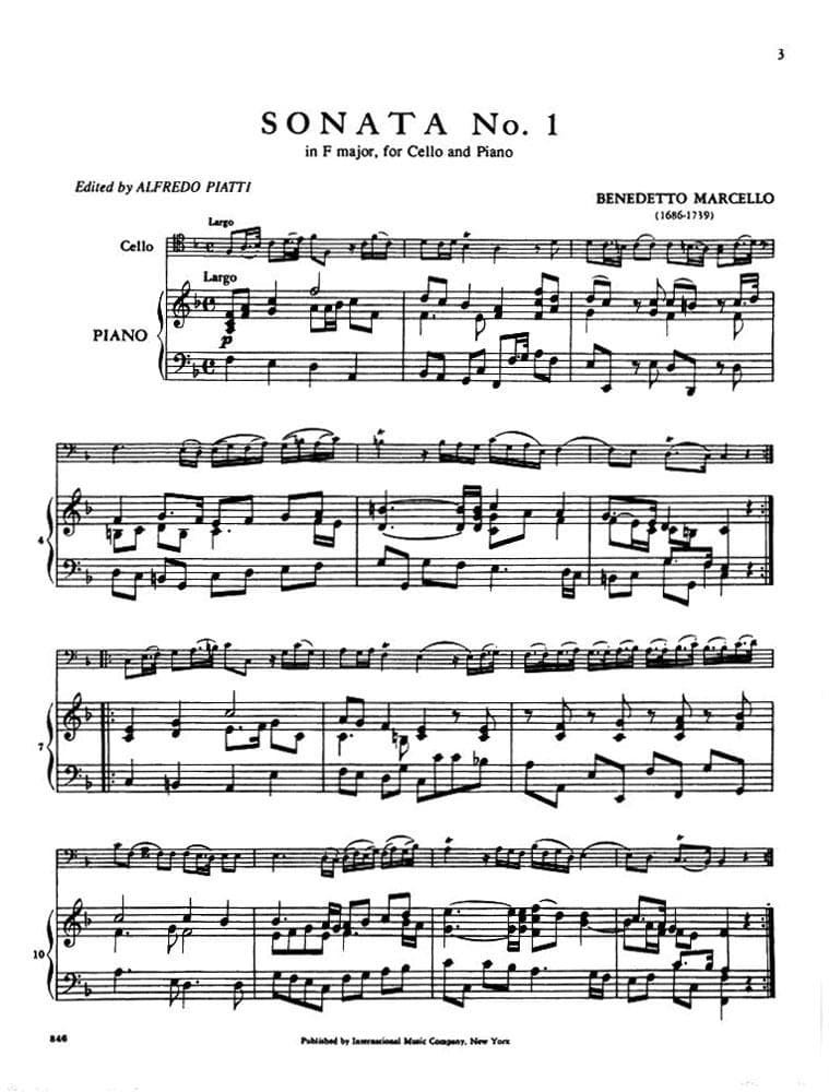 Marcello, Benedetto - Two Sonatas: No 1 in F Major and No 4 in g minor - Cello and Piano - edited by Alfredo Piatti - International Music Co - Image 2