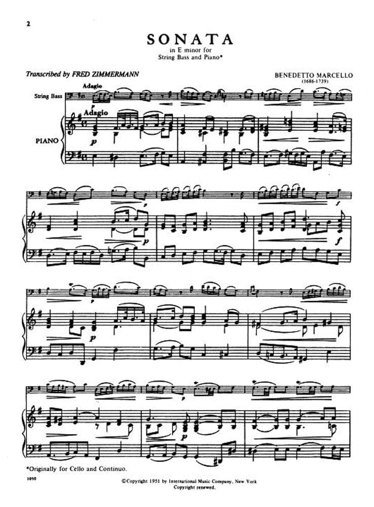 Marcello, Benedetto - Sonata in e minor, Op 1, No 2 - Bass and Piano - edited by Fred Zimmermann - International Music Co - Image 3