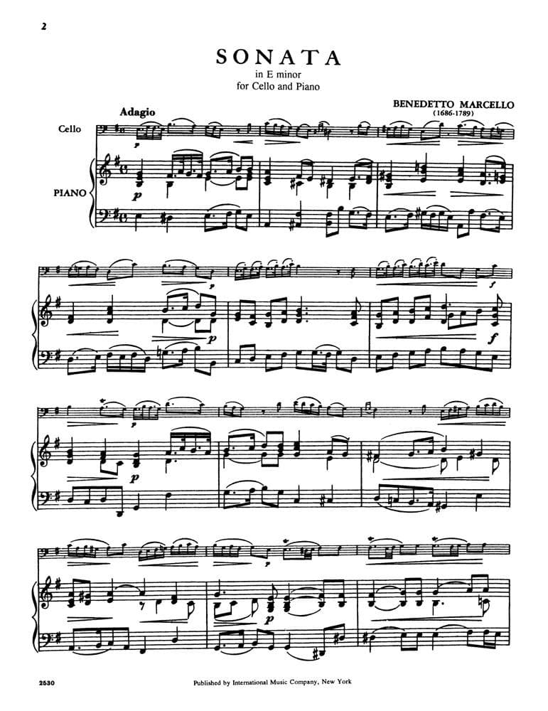 Marcello, Benedetto - Sonata No 2 in e minor - Cello and Piano - edited by Carl Schroeder - International Music Co - Image 2
