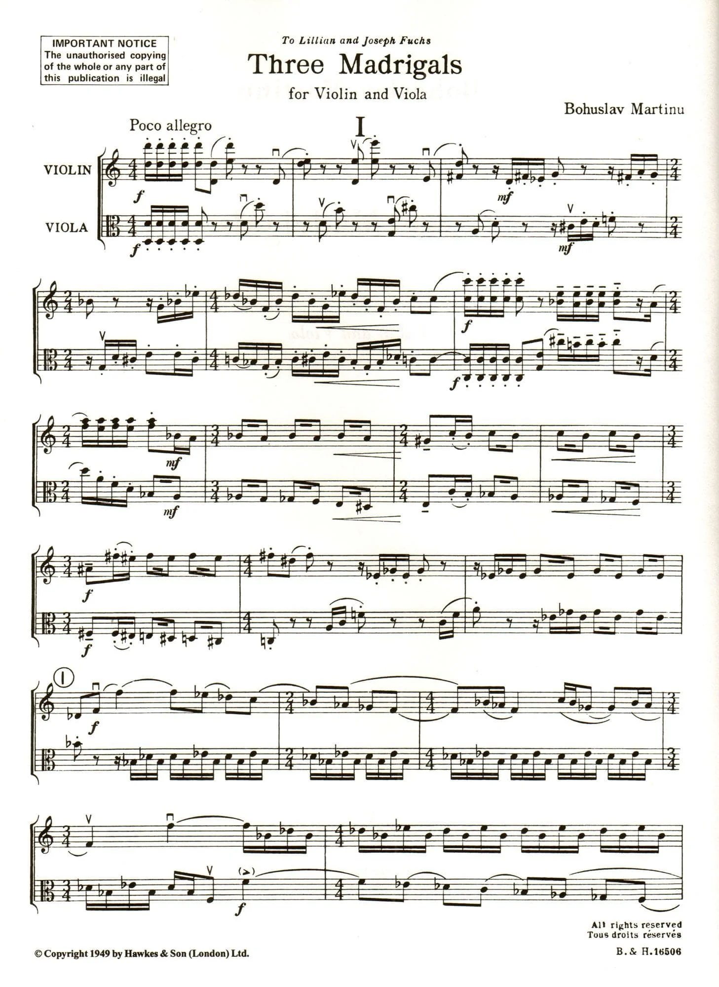 Martinů, Bohuslav - Three Madrigals, Op 313 - Violin and Viola - Boosey & Hawkes Edition - Image 2