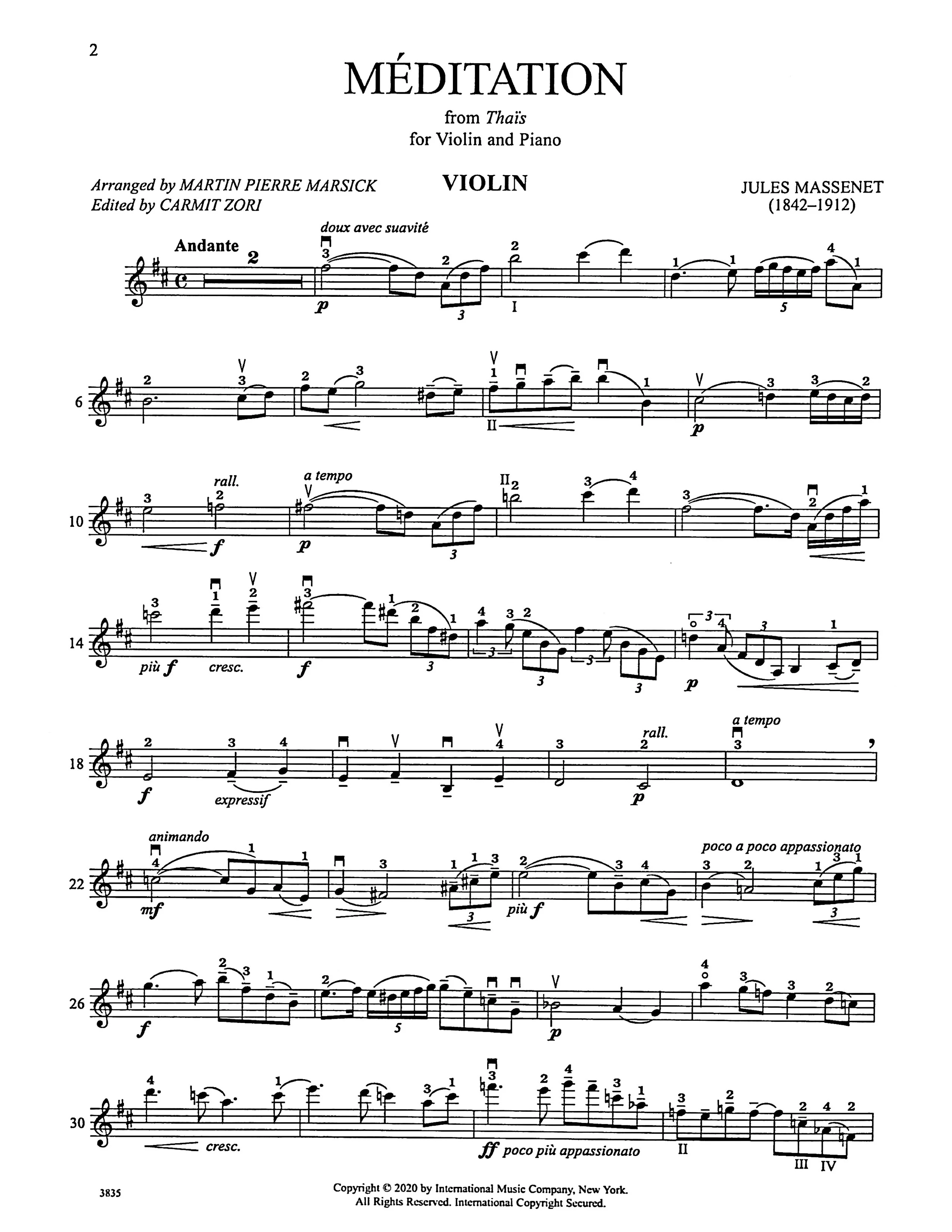 Massenet, Jules - Meditation from Thais - Violin and Piano - Edited by Marsick/Zori - International Music Co. - Image 2