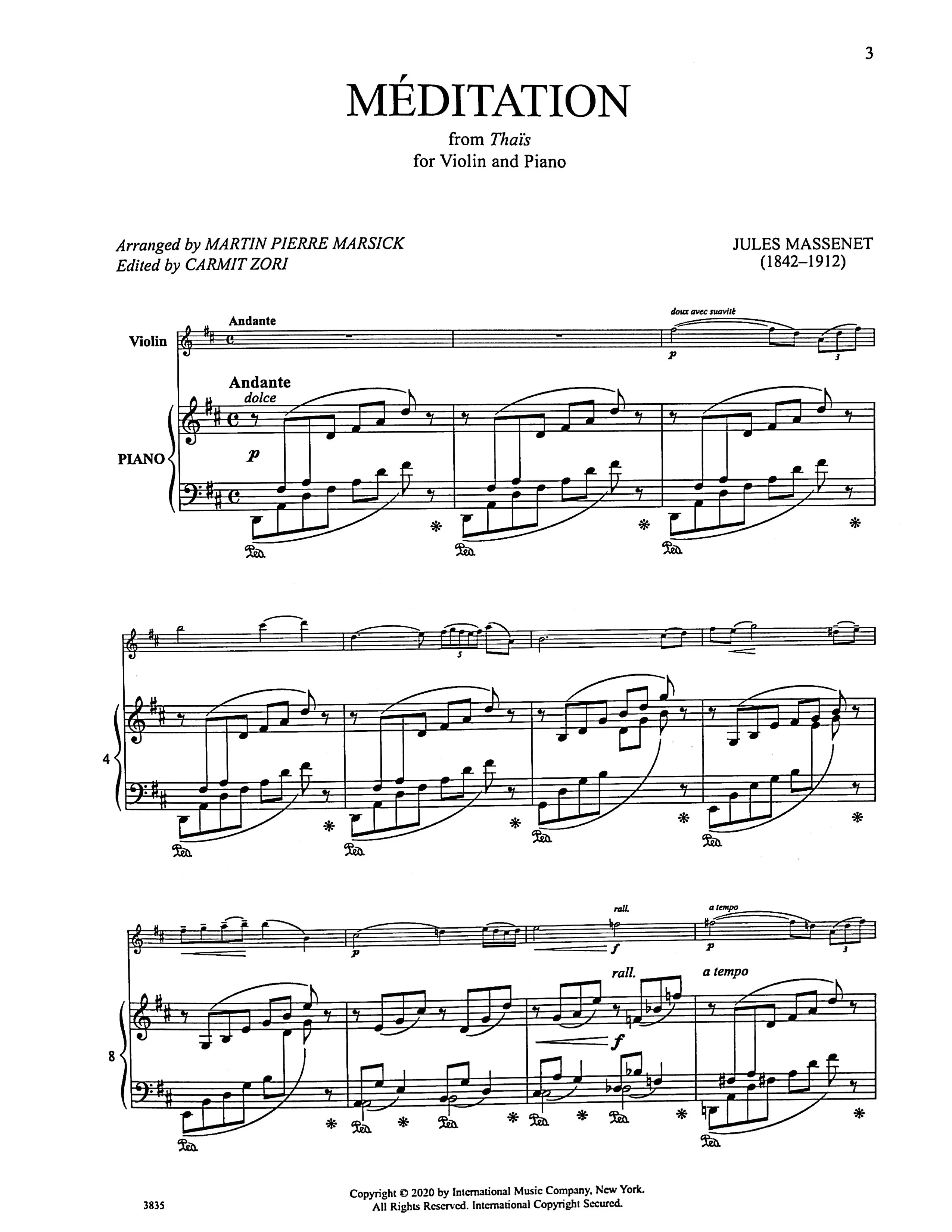 Massenet, Jules - Meditation from Thais - Violin and Piano - Edited by Marsick/Zori - International Music Co. - Image 3