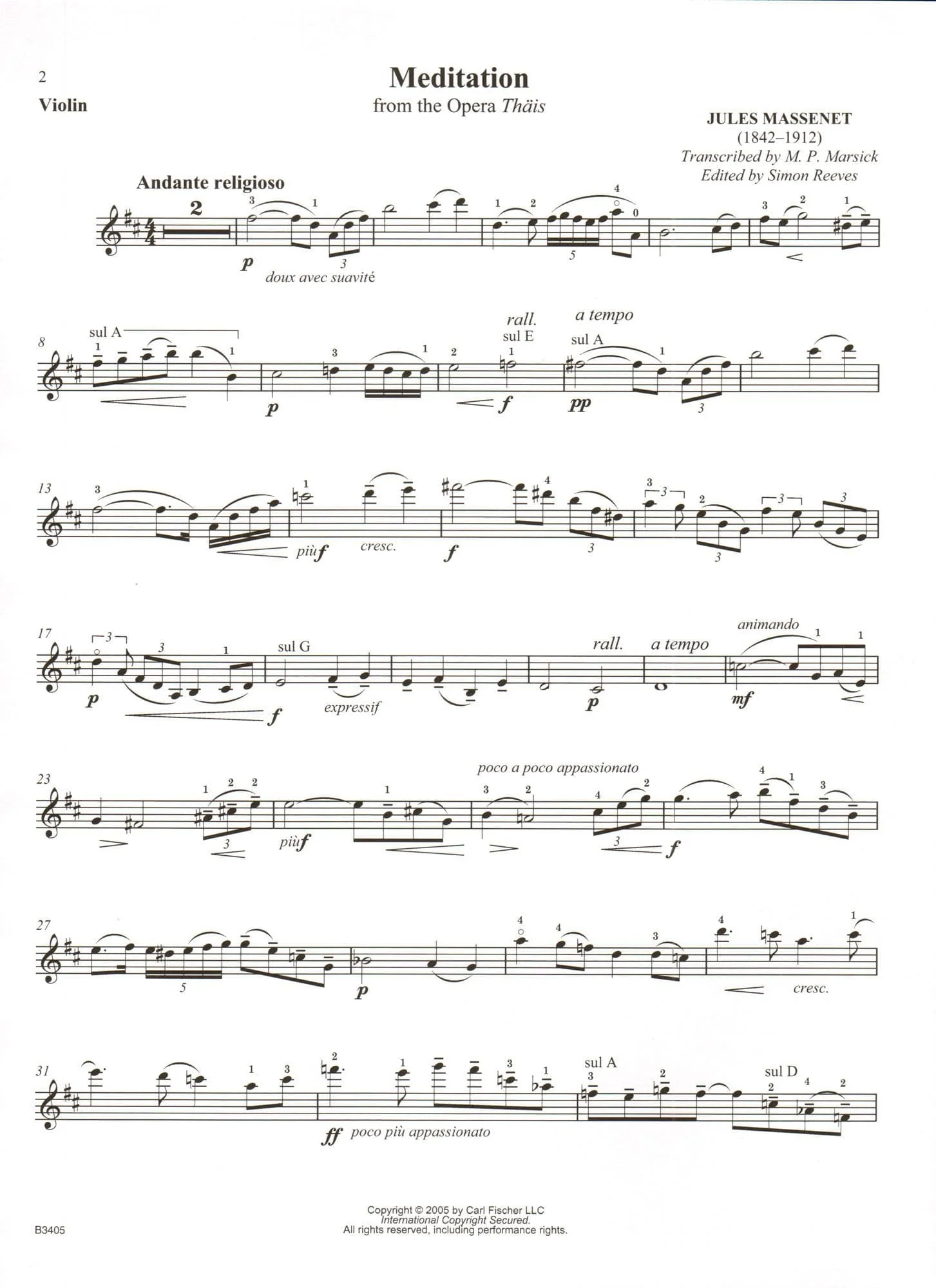 Massenet, Jules - Meditation from "Thais" - for Violin and Piano - with Online Audio Access - transcribed by Marsick - Carl Fischer - Image 3
