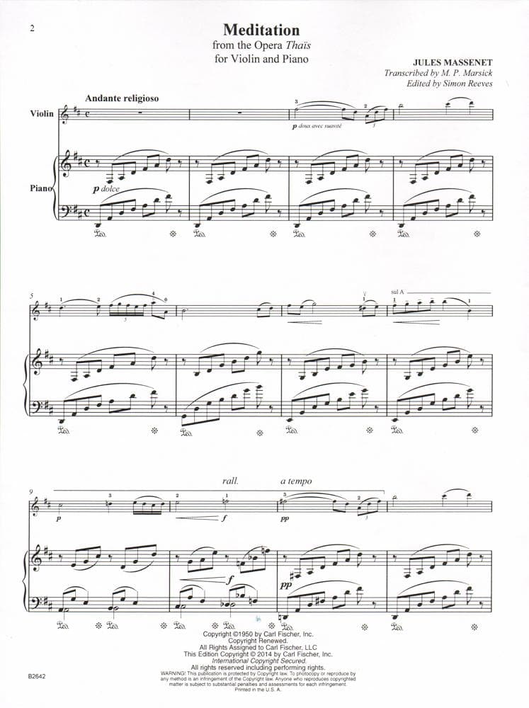 Massenet, Jules - Méditation from "Thaïs" - Violin and Piano - transcribed by M P Marsick - Carl Fischer Edition - Image 2