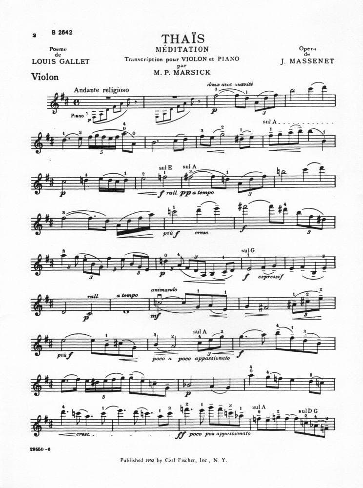Massenet, Jules - Méditation from "Thaïs" - Violin and Piano - transcribed by M P Marsick - Carl Fischer Edition - Image 3