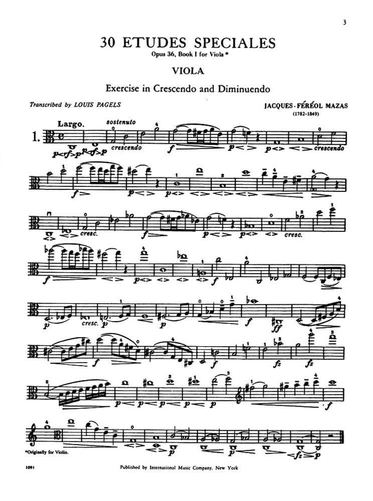 Mazas, Jacques Féréol - 30 Etudes Spéciales, Op 36, Book 1 - Viola solo - edited by Louis Pagels - International Music Co - Image 2