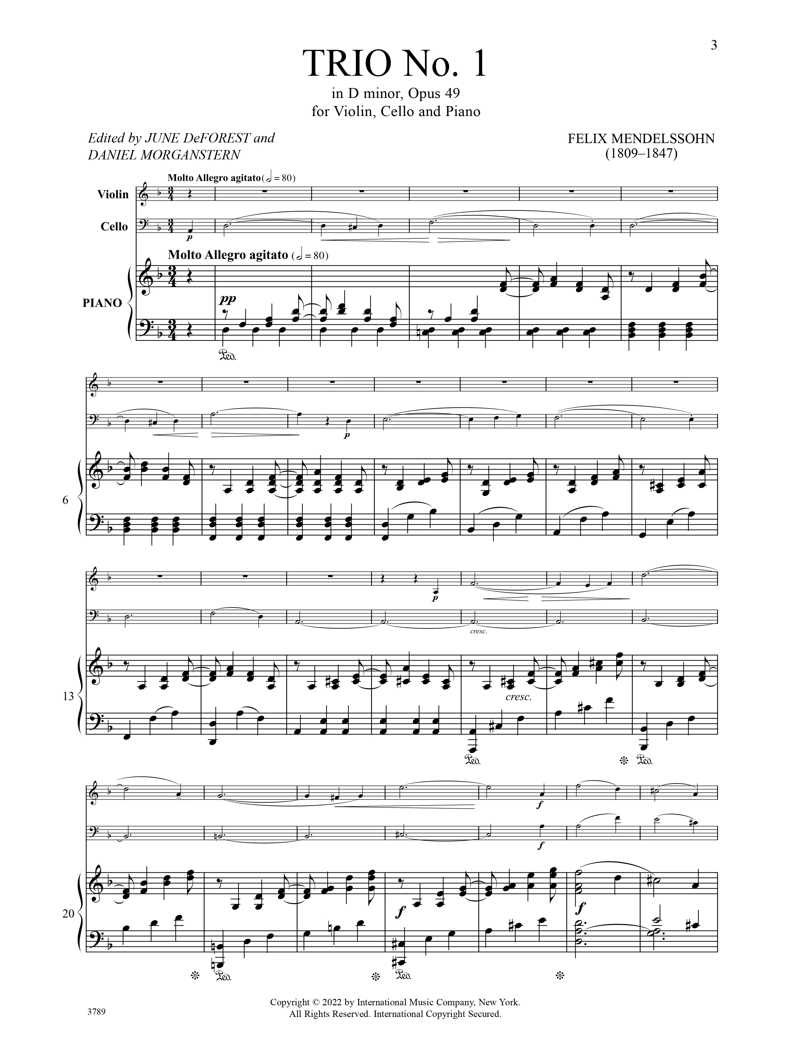 Mendelssohn, Felix - Trio No.1 in D minor, Opus 49 - Violin, Cello, and Piano - Edited by DeForest/Morganstern - International Music Co. - Image 2