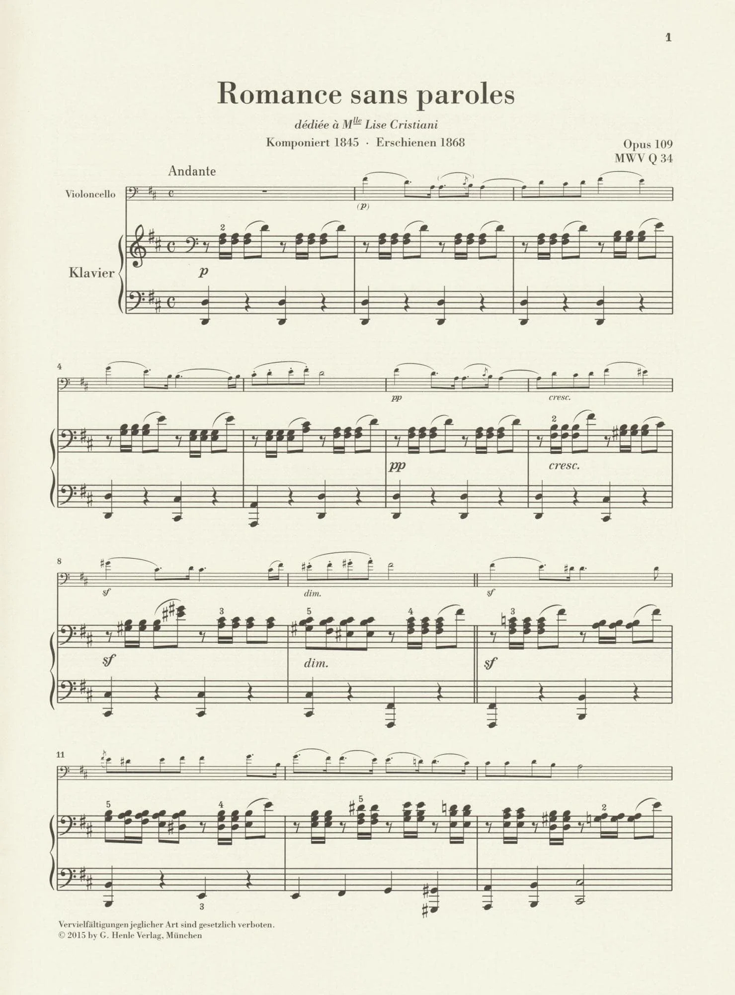 Mendelssohn, Felix - Romance Sans Paroles, Op 109 - for Cello and Piano - G. Henle Verlag URTEXT - Image 2