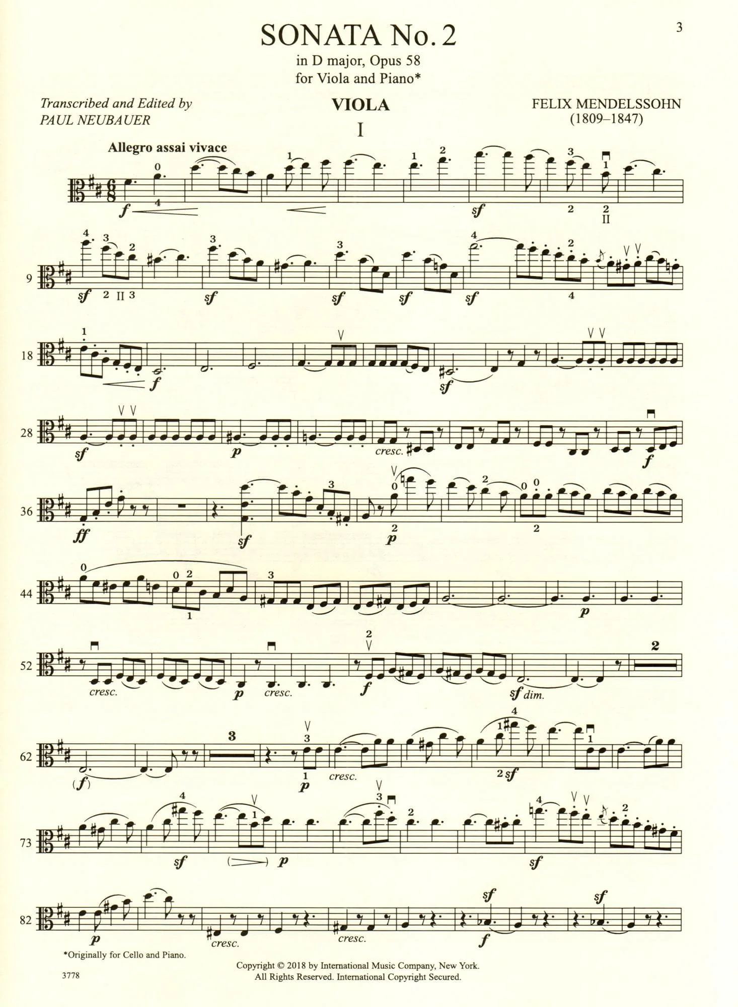 Mendelssohn, Felix - Sonata No. 2 in D major, Op 58 - Viola and Piano - edited by Paul Neubauer - International - Image 2