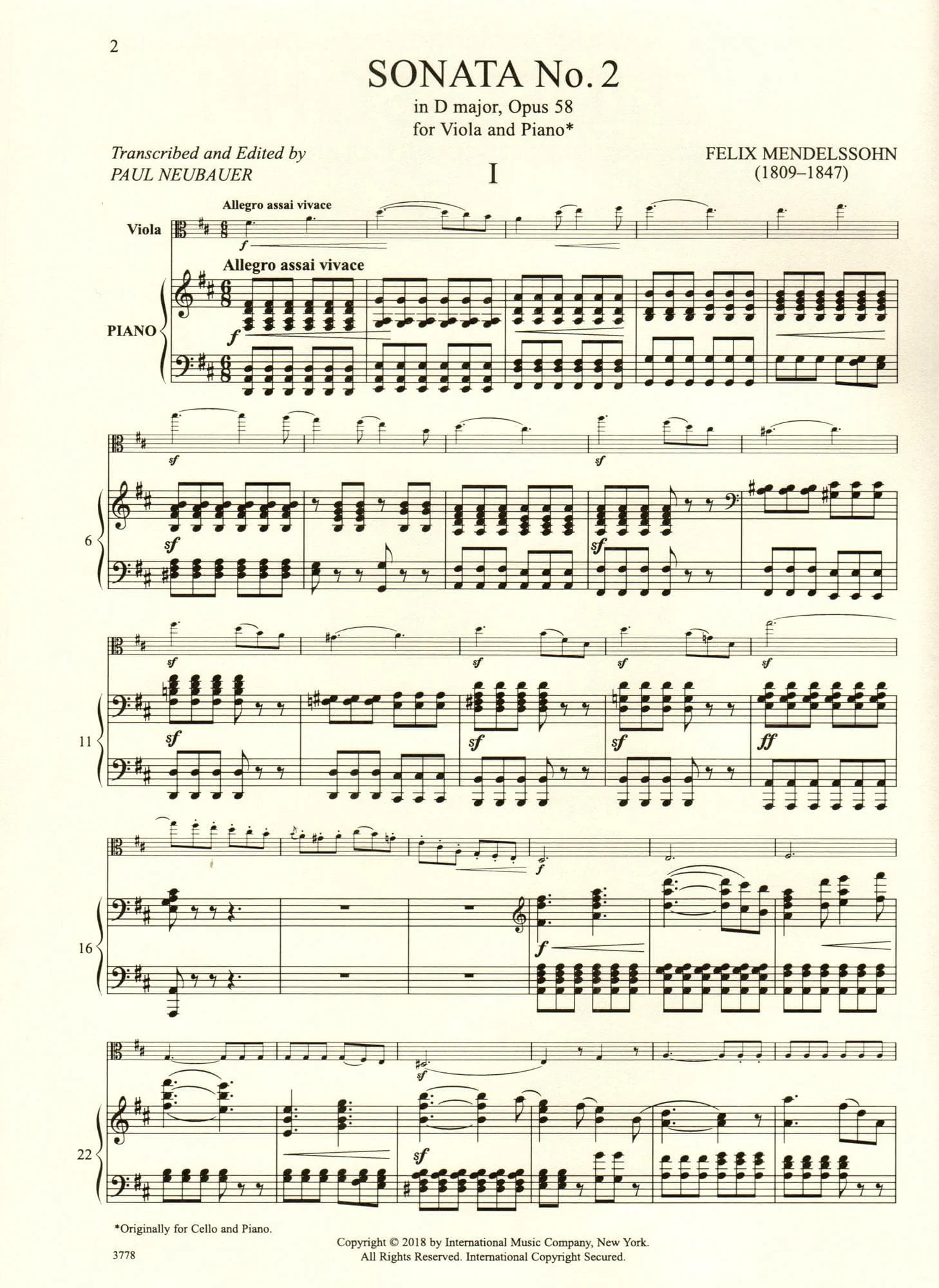 Mendelssohn, Felix - Sonata No. 2 in D major, Op 58 - Viola and Piano - edited by Paul Neubauer - International - Image 3