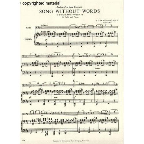 Mendelssohn, Felix - Song Without Words in D Major, Op post 109 - Cello and Piano - International Music Co - Image 2