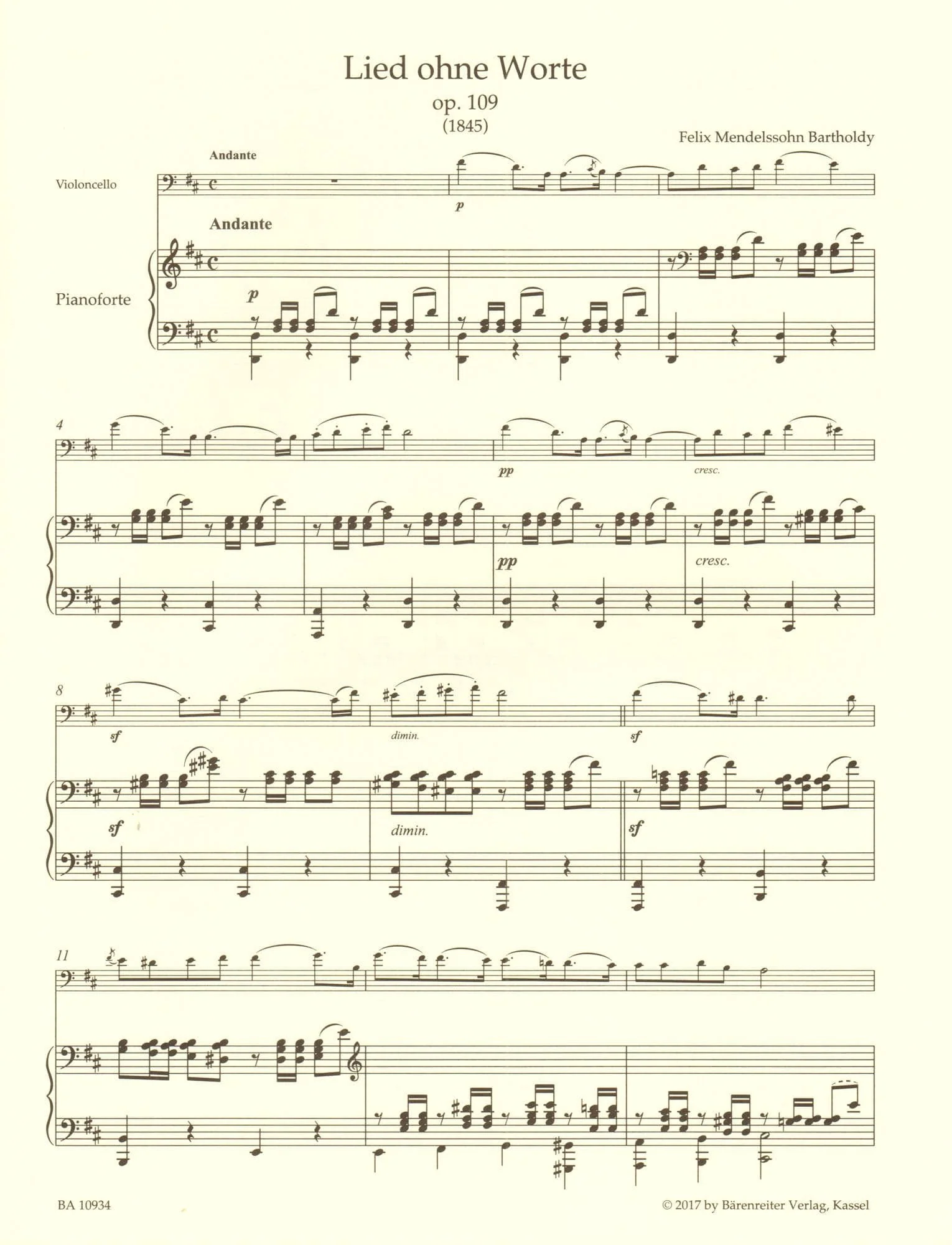Mendelssohn, Felix - Song without Words - for Cello and Piano - Barenreiter URTEXT Edition - Image 3
