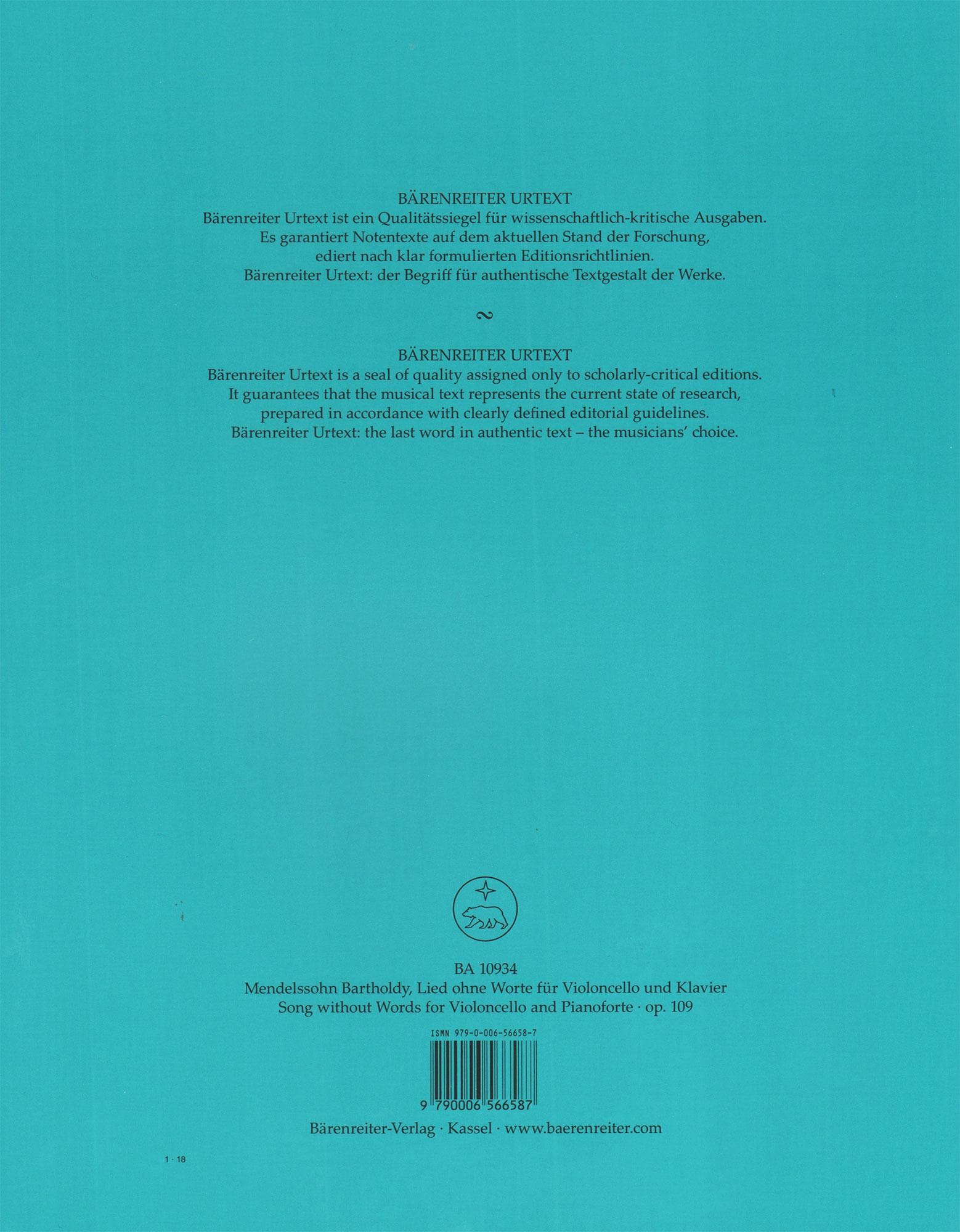 Mendelssohn, Felix - Song without Words - for Cello and Piano - Barenreiter URTEXT Edition - Image 4