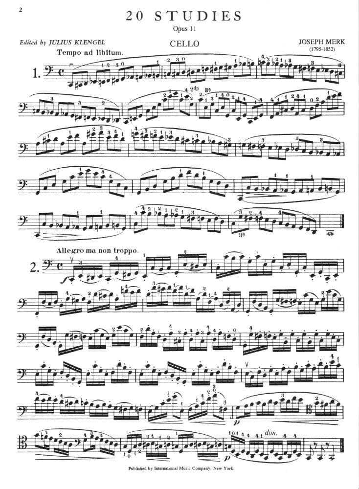 Merk, Joseph - 20 Studies, Op 11 - Cello solo - edited by Julius Klengel - International Music Co - Image 2