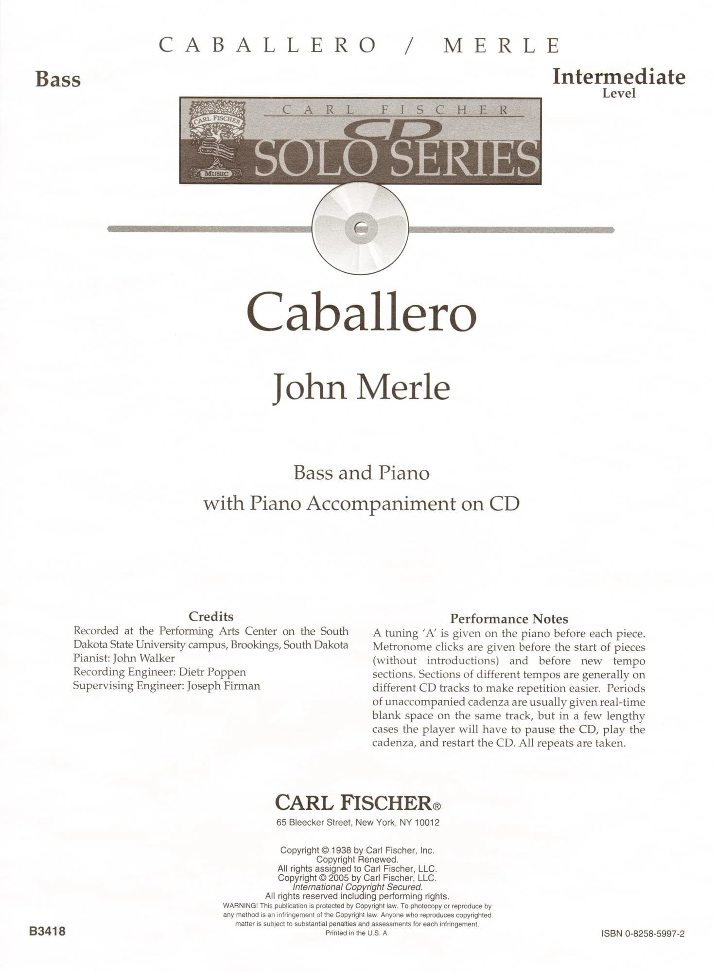 Merle, John - Caballero - Bass and Piano - Book/CD set - Carl Fischer Edition - Image 3