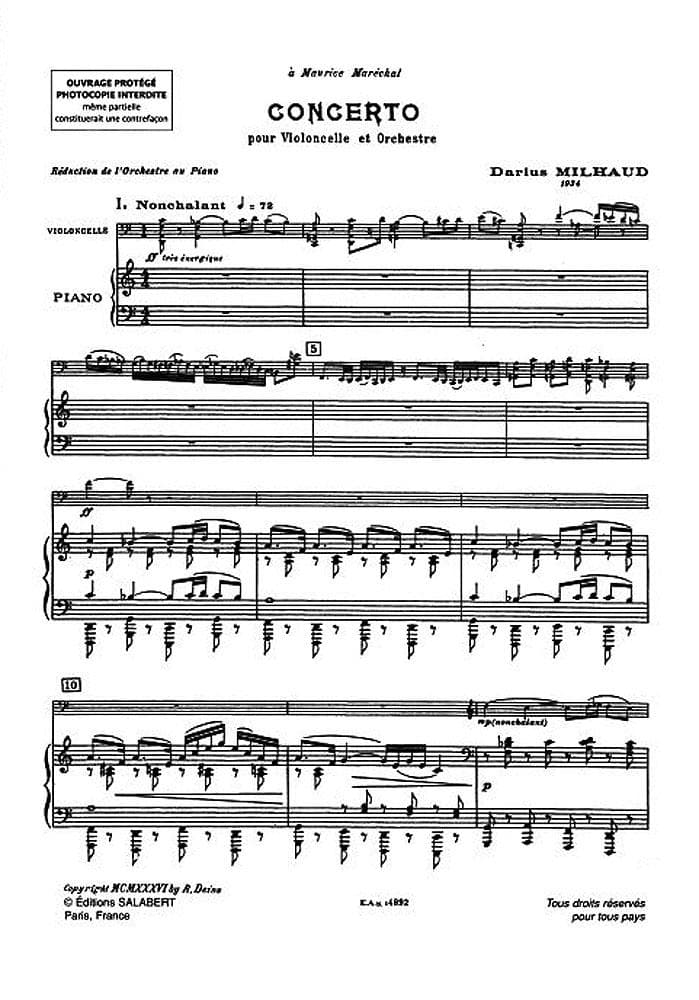 Milhaud, Darius - Concerto No 1, Op 136 (1934) - Cello and Piano - Editions Salabert - Image 2