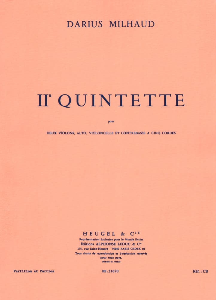 Milhaud, Darius - Quintet No 2, Op 316 - Two Violins, Viola, Cello, and Bass - Score and Parts - Editions Heugel & Cie