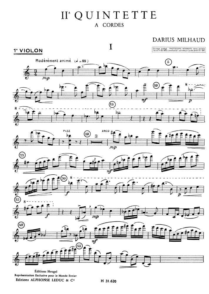 Milhaud, Darius - Quintet No 2, Op 316 - Two Violins, Viola, Cello, and Bass - Score and Parts - Editions Heugel & Cie - Image 2