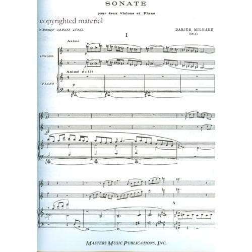 Milhaud, Darius - Sonata, Op 15 (1914) - Two Violins and Piano - Masters Music Publication - Image 2