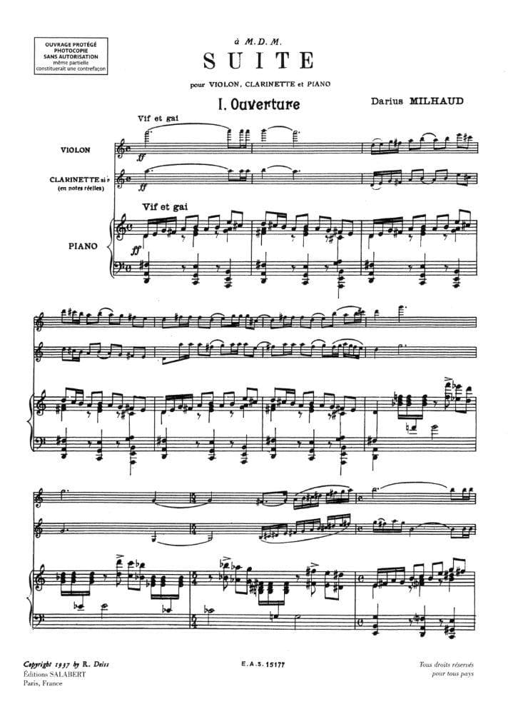 Milhaud, Darius - Suite, Op 157b - Violin, Clarinet, and Piano - Editions Salabert - Image 2