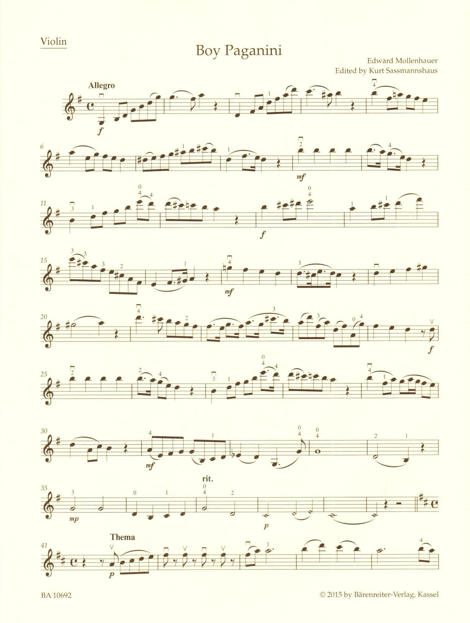 Mollenhauer - The Boy Paganini - for Violin and Piano - edited by Kurt Sassmannshaus - Barenreiter's Concert Pieces - Image 3