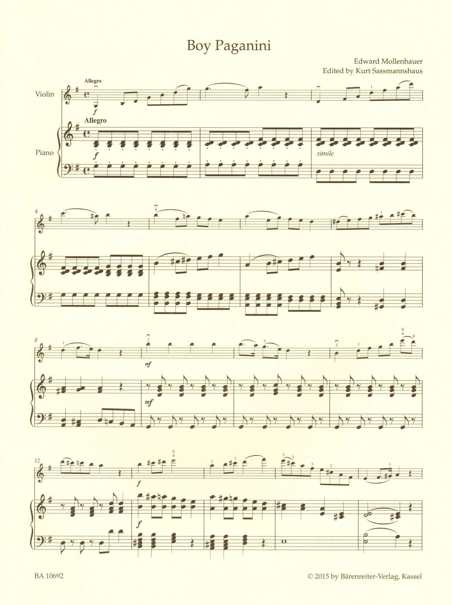Mollenhauer - The Boy Paganini - for Violin and Piano - edited by Kurt Sassmannshaus - Barenreiter's Concert Pieces - Image 4