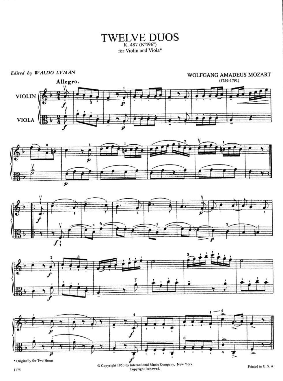 Mozart, WA - 12 Duets, K 487 - Violin and Viola - edited by Waldo Lyman - International Music Co - Image 2