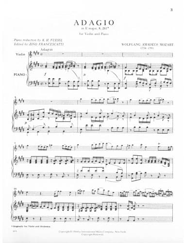 Mozart, WA - Adagio in E Major, K 261 - Violin and Piano - edited by Zino Francescatti - International Music Co - Image 2
