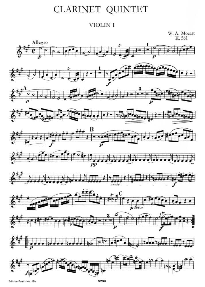 Mozart, WA - Clarinet Quintet in A Major, K 581 - Clarinet, Two Violins, Viola, and Cello - Edition Peters - Image 2
