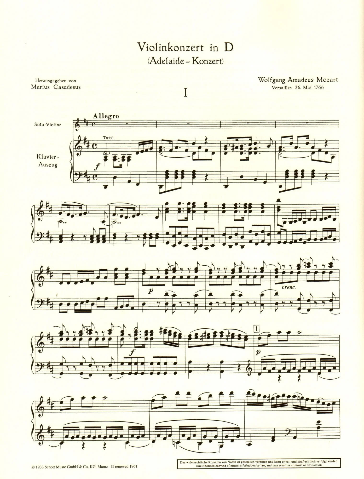 Mozart, WA - Concerto in D Major, K 294a ("Adelaide") - Violin and Piano - arranged by Marius Casadesus - Schott Edition - Image 2